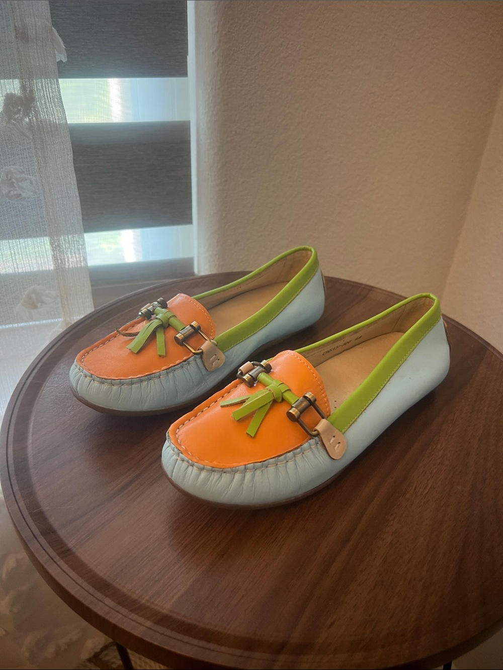 David Tate Two-Tone Orange and Light Blue Loafers with Lime Trim